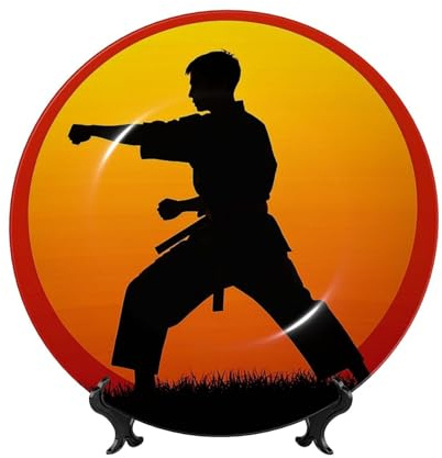 Dekorativer Teller Sonne Karate Silhouette Keramik Knochenporzellan Dessertteller mit Präsentationsständer Sonne Karate Silhouette Bone China Dekorativer Tellerständer Hängende Porzellanteller für