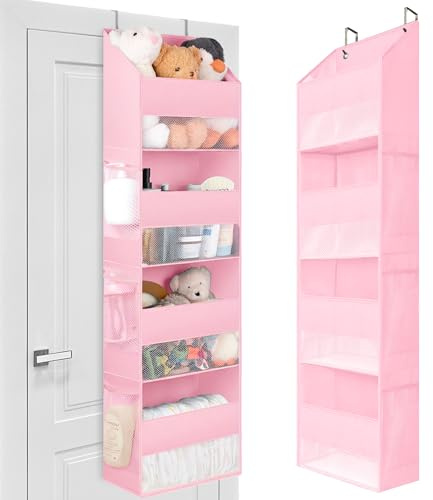 GRANNY SAYS 4-Shelf Over Door Storage Organiser, Pack of 1 Back of Door Hanging Organiser, Clear Window Hanging Storage Shelf for Bedroom Wardrobe Organising Accessories Nappy, Pink