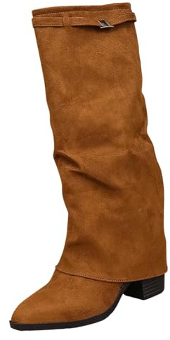 Stiefel Damen Shark Boots, Slouchy Weitschaftstiefel Cowboy Hohe Bequemer Spitzer Zehenbereich Plateauabsatz Langschaft Knee High Winter Warme Leder Mode Komfort Dressy
