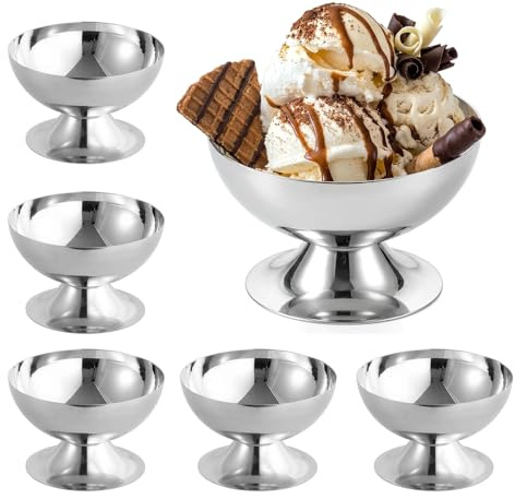 GOMETY 6 Stück Eisbecher Edelstahl 240ml, Ø10cm Edelstahl Dessertschale, Dessertschale mit Fuß, Eiscreme Schalen Cocktail Gläser für Eiscreme Obst Joghurt Dessert Salat Pudding für Hochzeiten Partys