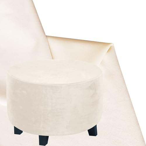 DOGACA Hockerbezug Rund Fußhocker Bezug Ottomane Schonbezug 30/40/50/60cm Stretch Husse for Fußhocker Ottomanischer Hocker-Bezug Überzug Hocker Protector Waschbar(Velvet - Beige,D-43cm/17)
