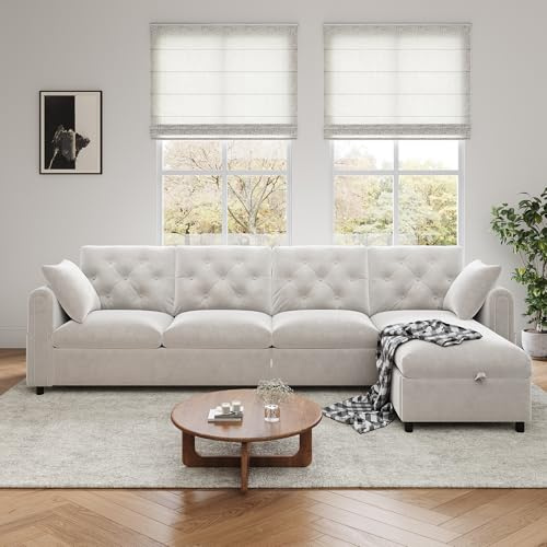 BTM Samt Sofa mit Stauraum, L-Form Stauraum im Eckbereich Links rechts verstellbar, Seitliche Armlehnen Magazintaschen, Rückenlehne Knopfheftung; Ecksofa eckcouch Couch 4 Sitzer, Beige, 281x86x71cm