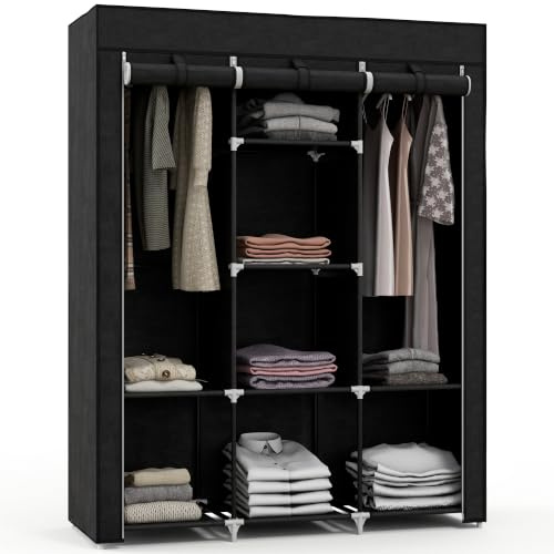 HOMCOM Guardaroba in Tessuto con Base Rialzata 125x43x162.5cm Nero | 8 Ripiani e 2 Barre, Armadio Guardaroba Salvaspazio, in PP e Acciaio, per Camera da Letto