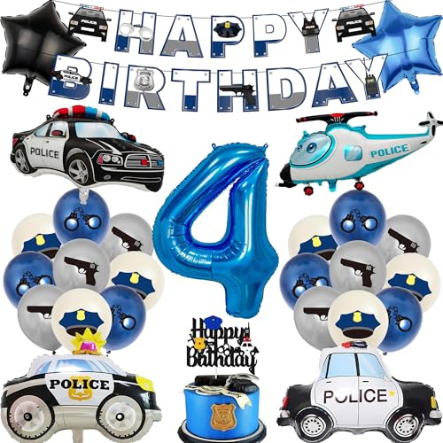 Polizei Geburtstag Deko 4. Junge - 28 Stück Blau Partyzubehör | New Polizeiauto Polizeihubschrauber Luftballon Set Police Geburtstagsdeko Ballons Banner Tortendeko für Kindergeburtstag
