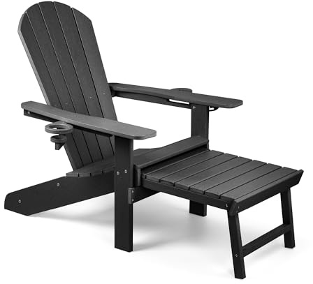 VonHaus Black Adirondack Chair - Reclining Slatted Style Garden Chair with Pull-out Footrest - Durable Weather Resistant HDPE Plastic Outdoor Armchair for Patio & Decking - Westport