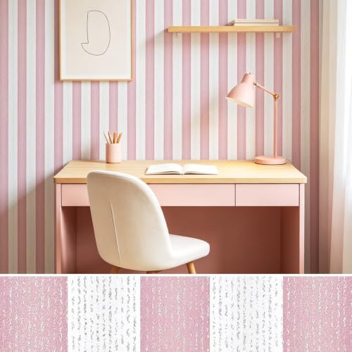 MOBAILUYI Pink and White Striped Peel and Stick Wallpaper,Textured Silver Line Removable Pink Contact Paper Waterproof Girly Wallpaper for Bedroom,Nursery,Kids Room Bathroom,40cm x 300cm