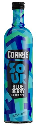 Corky's Sour Blueberry Schnapps | Shots | 15% ABV | Sour Blueberry Liqueur | Vodka schnapps, party shots, cocktail ingredient, pre drinks alcohol, spirits, flavoured vodka, blue, vegan and gluten-free