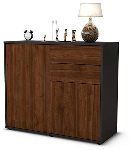 Stil.Zeit Sideboard Chantal, Korpus anthrazit matt, Front Holz-Design Walnuss (92x79x35cm) Push-to-Open Technik & Leichtlaufschienen