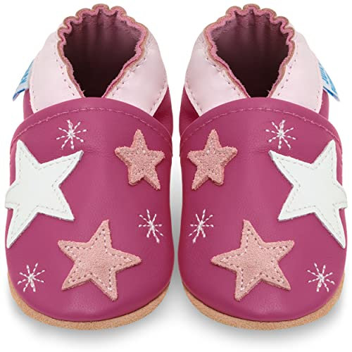 Chaussures pour enfant en cuir souple – Chaussures pour bébé en cuir avec semelle en daim – Chaussures pour premiers pas, pour fille ou garçon, Étoiles roses, 18-24 mesi