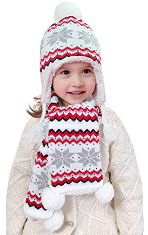 Mädchen Winter Mütze Schal 2stk Set Fleece Gefüttert 2-3 Jahre Kinder Baby Süß und Lieblich Pom Pom Thermal Wintermütze mit Ohrenklappen Stricke Halstuch Schneeflocke Weiß, Kopfumfang 48-50cm Gr.L