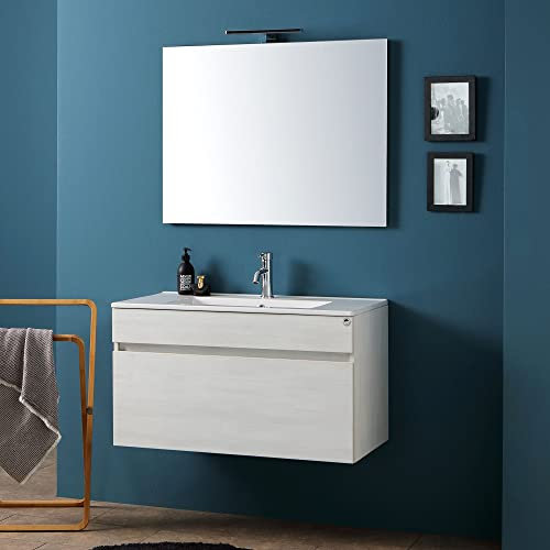 Kiamami Valentina - Mobile Bagno Completo 90CM | Specchio Retroilluminato | Lavabo in Ceramica | Finitura Promenade | Mobile Sospeso | Serie Sole, Promenade, 90CM, Lavabo Bianco + Specchio, Legno