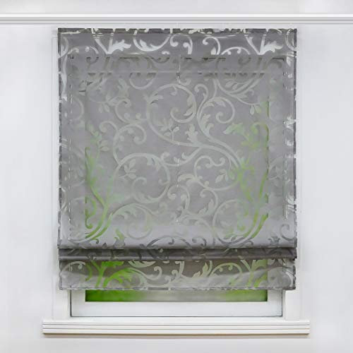 Joyswahl Voile Raffrollo mit Klettschiene Romantsiches Ausbrenner Design mit Druck Raffgardine Schals Fenster Vorhänge BxH 80x140cm Grau 1er Pack