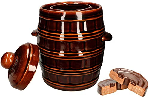 KOTARBAU® Barril de gres con Tapa y Piedra de presión, 5 L, Marrón, Jarrón de Barro, Recipiente de cerámica con Asas, Olla de Cocina para fermentación, Tarro para fermentar chucrut, Kimchi, Bote