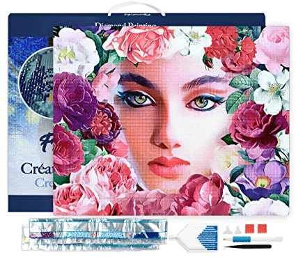 Figured'Art Diamond Painting Erwachsene 40x50cm Mit Rahmen Ganze Leinwand gespannt Gesicht und Blumen 5D Bilder Eckige Steine - DIY Set Basteln