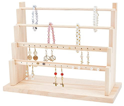nbeads 4-Tier Holz Ohrring Display Ständer, 28 Löcher Holz Ohrring Schmuck Display Rack Schmuck Organizer Halter Riser für Ohrring Halskette Armband Schlüsselanhänger, Gebleicht Mandel, 15x34x27cm