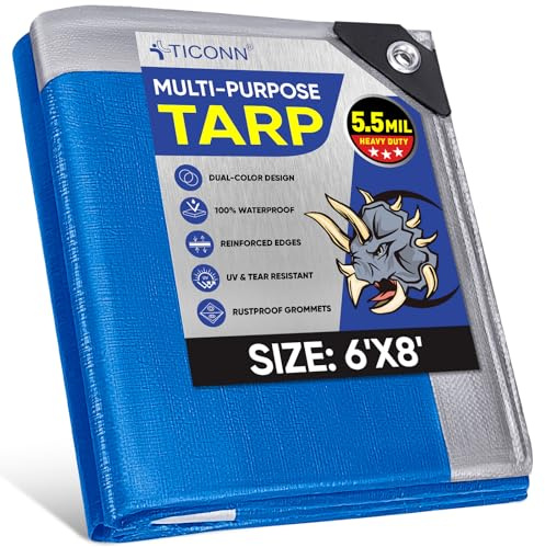 TICONN Heavy Duty Tarp Cover, Extra Thick Tarps Waterproof Tear and Rip Proof UV Resistant Tarpaulin with Reinforced Grommets and Edges (5.5 Mil, 6'x8')