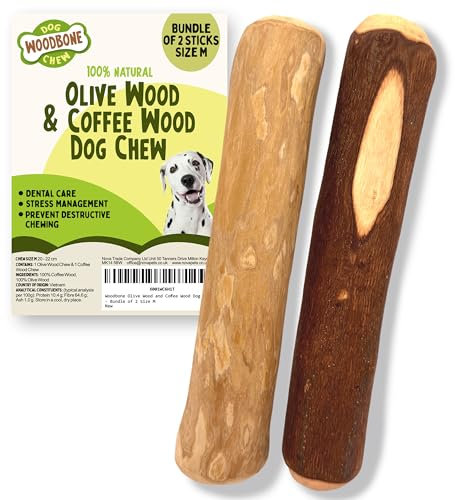 Woodbone Olive Wood and Coffee Wood Dog Chew Toy for Medium Dogs - Dogwood Branch Chewing Stick - Bundle of 2 Size M