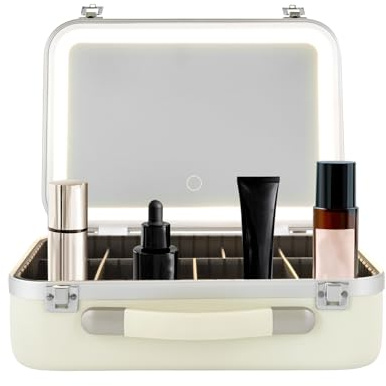 Make-up Tasche,Make up Tragekoffer,Kosmetik Organizer Box,Reise Kosmetiktasche mit Lichtern und Spiegel,Schminktasche Kosmetikkoffer mit Schloss (Weiß)