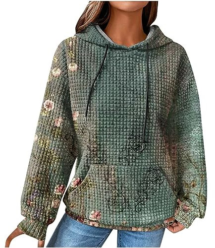 EMATOP Sweatshirt Damen Langarm Warme Pullover mit Kapuze Pulli Oberteile Baumwolle Vintage Hoodie Causal Sport Kapuzenpullover Mode Waffel Kapuzenpulli Langarmshirt Tops Angebote