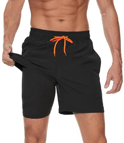 Ougelebo Herren Badehose Männer mit Kompression Badeshorts Herren Kurz 2 in 1 Schnelltrocknend Schwimmhose Schwimmshort mit Reißverschluss Board Swim Shorts Schwarz XXL