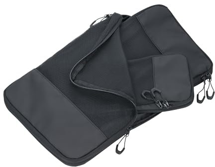 Reise-Kompressionstaschen Set – TROIKA BLACK PACKING CUBES – 3 Packtaschen mit zusätzlichem Kompressionsreißverschluss für platzsparendes Packen von Kleidung in Koffer & Rucksack