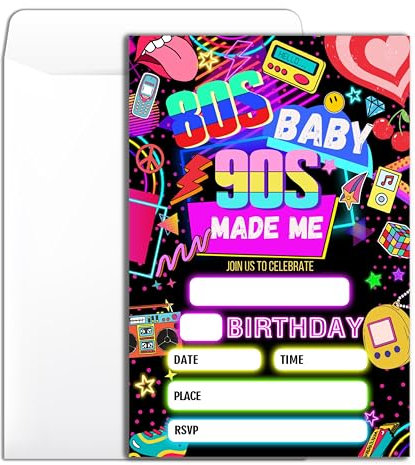 B004 Einladungskarten mit 90er-Jahre-Motto, Retro-/Vintage-Party, Geburtstag, 80er-Jahre-Babyeinladung, 90er-Jahre-Stil, Nostalgie, 20 Einladungen mit Umschlägen, für Damen und Herren
