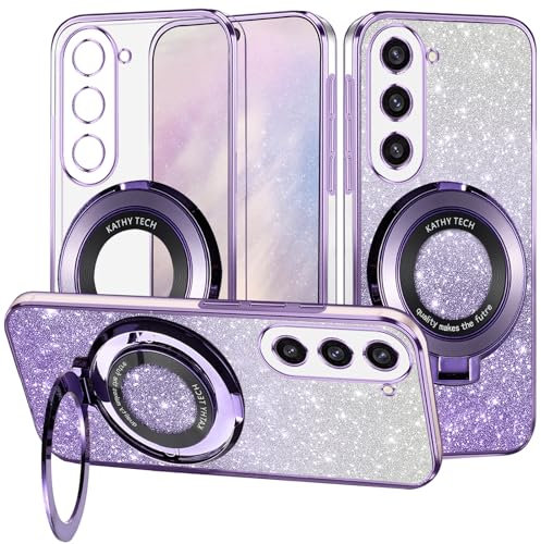 Yarxiawin Custodia Per Samsung Galaxy S23 Plus 5G con Anello Supporto Magnetico Rosa, Glitter Case per Samsung S23 Plus Cover Trasparente Silicone Sottile Brillante Antiurto Morbido (Viola)