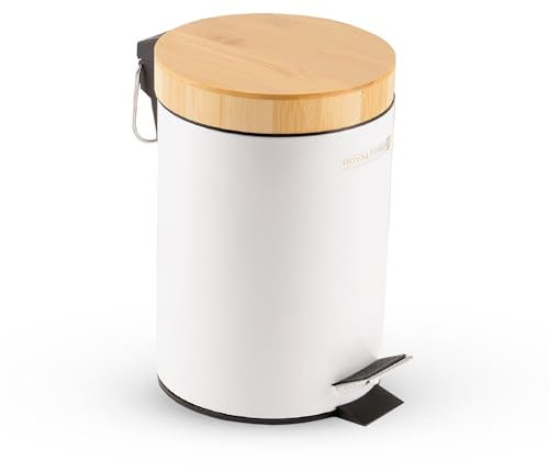 Royalford 5L Pedal Bin with Lid & Removable Basket - Round Bin with Bamboo Lid Kitchen Waste Bin with Soft Close - Small Bin for Bedroom - Sanitary Rubbish Bin for Toilet Bathroom Office, White