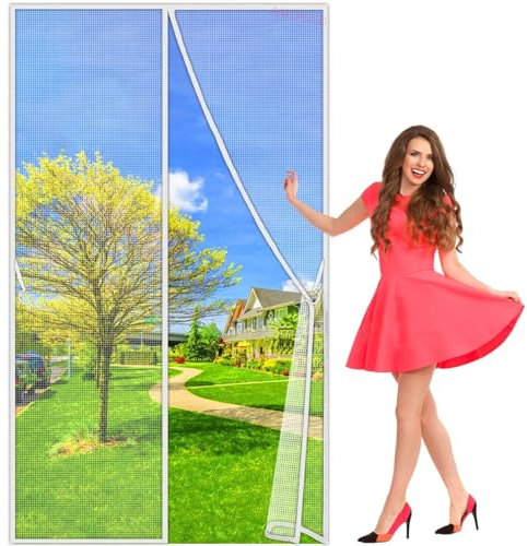 Fly Catcher Paper, 245x185cm Screen Doors with Magnets Mesh Curtain Full Frame Hook&Loop, for Front Door Apartments and More, Hands Free White Customizable