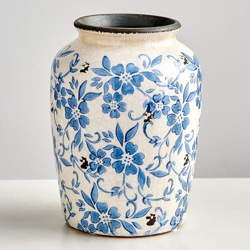 Keramikvase Blau und Weiß für Pampasgras Deko, Chinoiserie Vasen, Blumenvase für Haus, Wohnzimmer, Bücherregal, Tisch Centerpieces
