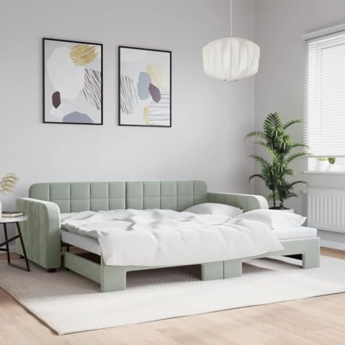 Somanki Tagesbett Ausziehbar Hellgrau 90x200 cm Samt, Schlafsofa, Daybed, Bettsofa, Sofa Bed, Sofabett, Schlafcouch, Jugendbett, Bettgestell, Bettcouch