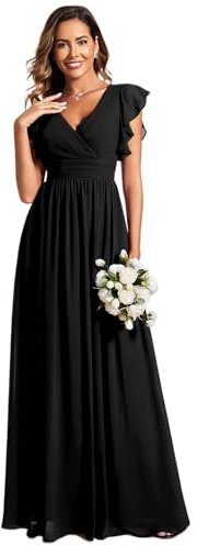 Ever-Pretty Women Dresses Bridesmaid Wedding Guest Dress Elegant Chiffon A-Line Ruffles Sleeve Black 8UK