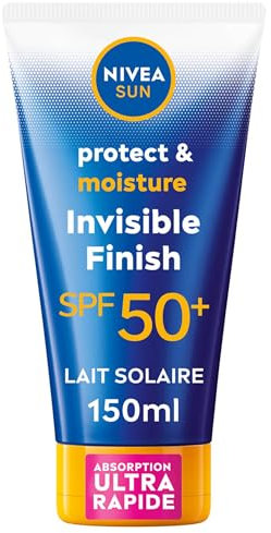 NIVEA SUN Lait Solaire Invisible Finish Protect & Hydrate SPF 50+ 150 ml — Crème Solaire résistante à l'eau — Protège et Hydrate — Haute Protection Visage et Corps