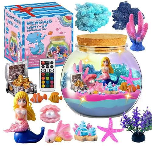 Terrarium Kit - Mermaid Glow Container, bauen Sie Ihr eigenes Terrarium -Kit mit Fernbedienung, LED -Nachtlicht | Bildungskunsthandwerk, Meereskreaturen Aquarium für Mädchen im Alter von 4 bis 12 Jahr