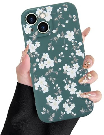 L-FADNUT for iPhone 15 Plus Floral Case Compatible with Magsafe,Green | Cute Flower Leaves Magnetic Phone Case for Women Girls, White Floral Camera Protection Shockproof Slim Silicone Bumper Cover