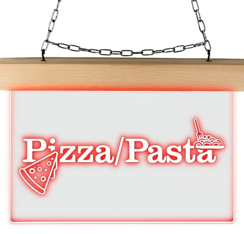 Indigos UG Lampes LED - Panneau lumineux - Pizza Pasta - Gravé - 28 x 20 cm - À suspendre au mur ou à une vitre - Panneau LED éclairé pour bureau, magasin, cabinet, studio, vitrine, réception