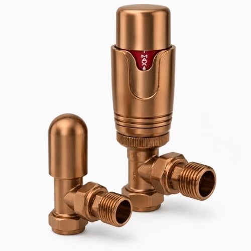 Go Bathrooms Angled Thermostatic Radiator Valves TRV Bronze | Pair of modern angled thermostatic TRV radiator valves for heated towel rails and central heating. Classic bronze.