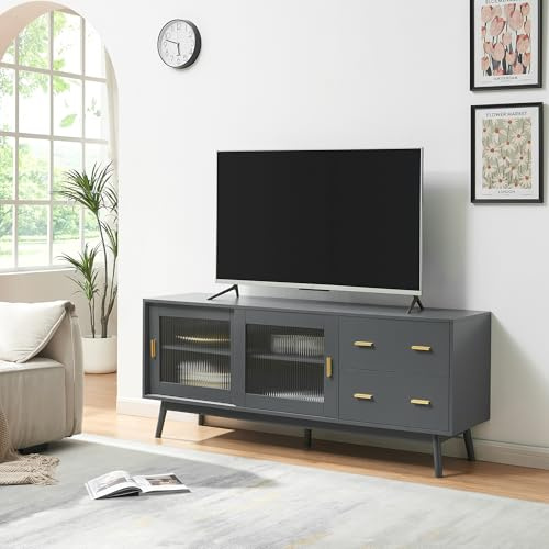 [en.casa] Mobile Porta TV con Cassetti e Ante Scorrevoli in Vetro Scanalato Armadio Basso Mobile Contenitore Archiviazione Stand Centri Multimediali 160x40x65 cm Grigio