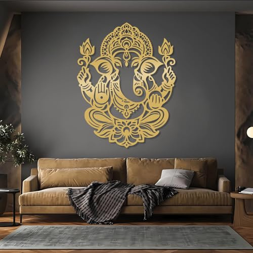 Moderne minimalistische Wanddekoration aus Metall, Ganesha-Lotusblume, Hindu-Meditations-Yoga-Motiv, groß (Gold, 37 x 47 cm)