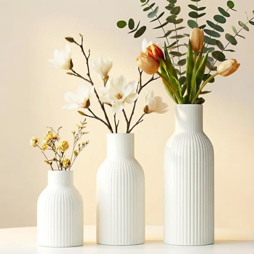 OFFASST Weiß Keramik Vasen Set 3-teilig | Iconic Home Vase für Pampasgras & Trockenblumen | Moderne Tischdeko | Neutral Boho Skandinavische Vase Hoch für Wohnzimmer