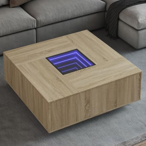 Fangmaliuyun Couchtisch mit Infinity LED Chrom-Mirror 100x100x40 cm Holzwerkstoff Sonoma Eiche Modernes Wohnzimmer Highlight für Living Room Gästezimmer Büro
