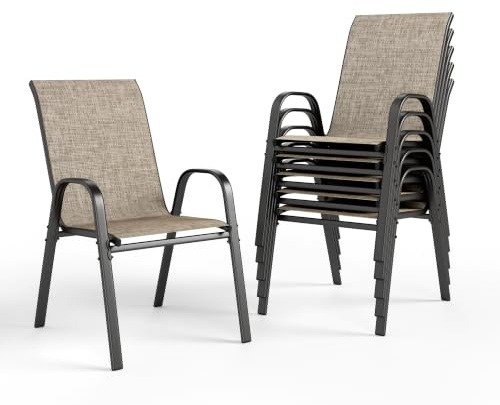 PHI VILLA Garden Chairs Set of 6, Patio Chairs Stackable Outdoor Dining Chairs High Back, Textilene Fabric and E-Coating Metal Frame for Backyard Porch Poolside