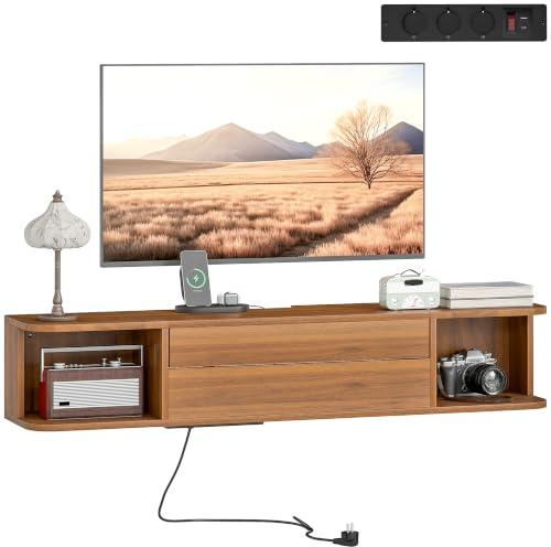 HOMCOM Meuble TV suspendu avec prises électriques, USB et Type C, meuble TV jusqu'à 50 pouces, tiroir coulissant, étagères ouvertes, trous passe-câbles pour salon ou chambre à coucher, 120 x 24 x