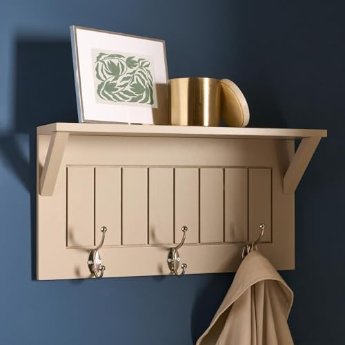 OHS Coat Hooks Wall Mounted, 3 Strong Coat Hooks with Shelf Wooden Shelves for Wall Jacket Hanger Hallway Organiser Display Shelf Key Holder Clothes Rail for Entryway Bedroom Bathroom, Natural