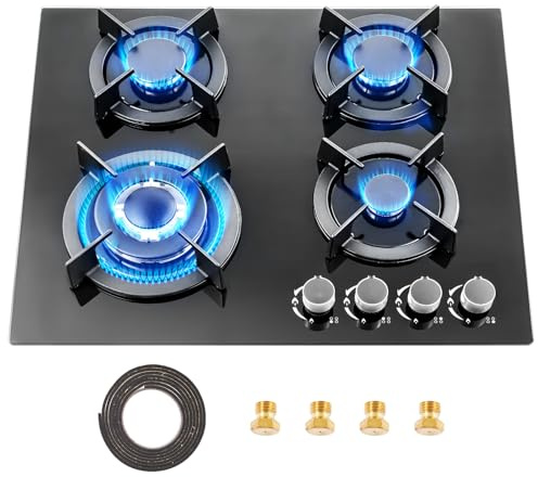 Victoam 7400W Gas Hobs 4 Burners, NG/LPG Convertible Induction Hob, 60cm Built-in Tempered Glass Panel, Electronic Lgnition + Flame Failure Protection (Black)
