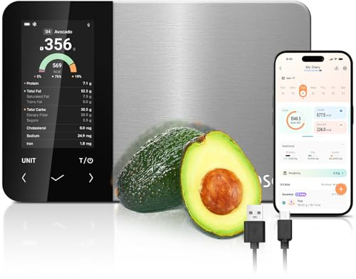 Cosori Smart Kitchen Food Scales, Free App with Extensive UK Food Database, Premium Calorie Counting Scale, Clear Color Display, AI Scan, Track 19 Nutrients, USB-C, Offline Mode, Stainless Steel