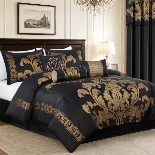 Chezmoi Collection 7-teilig Royale Jacquard Floral Tröster Set, Full/Double, schwarz/Gold
