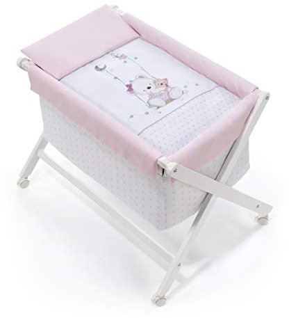 mibebestore Minicuna Plegable Columpio Rosa : Estructura + Vestidura + Colcha Desenfuntable + Colchón + Almohada