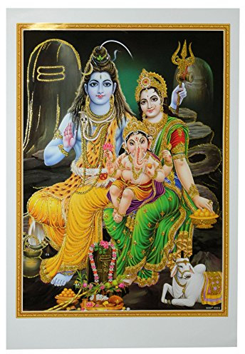 Bild Shiva & Parvati mit Ganesha 50 x 70 cm Gottheit Hinduismus Kunstdruck Plakat Poster Gold Indien Hochglanz Dekoration