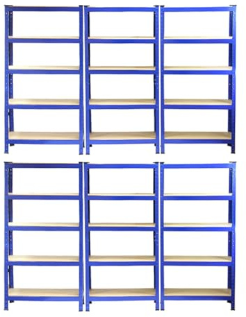 Pack of 6 Garage Shelving Units 5 Tier Heavy Duty Rack for Storage Steel Utility Shelves Metal MDF Boltless Racking Assembly System 150cm x 75cm x 30cm 5250KG Capacity 175KG Per Shelf Blue FREE Mallet